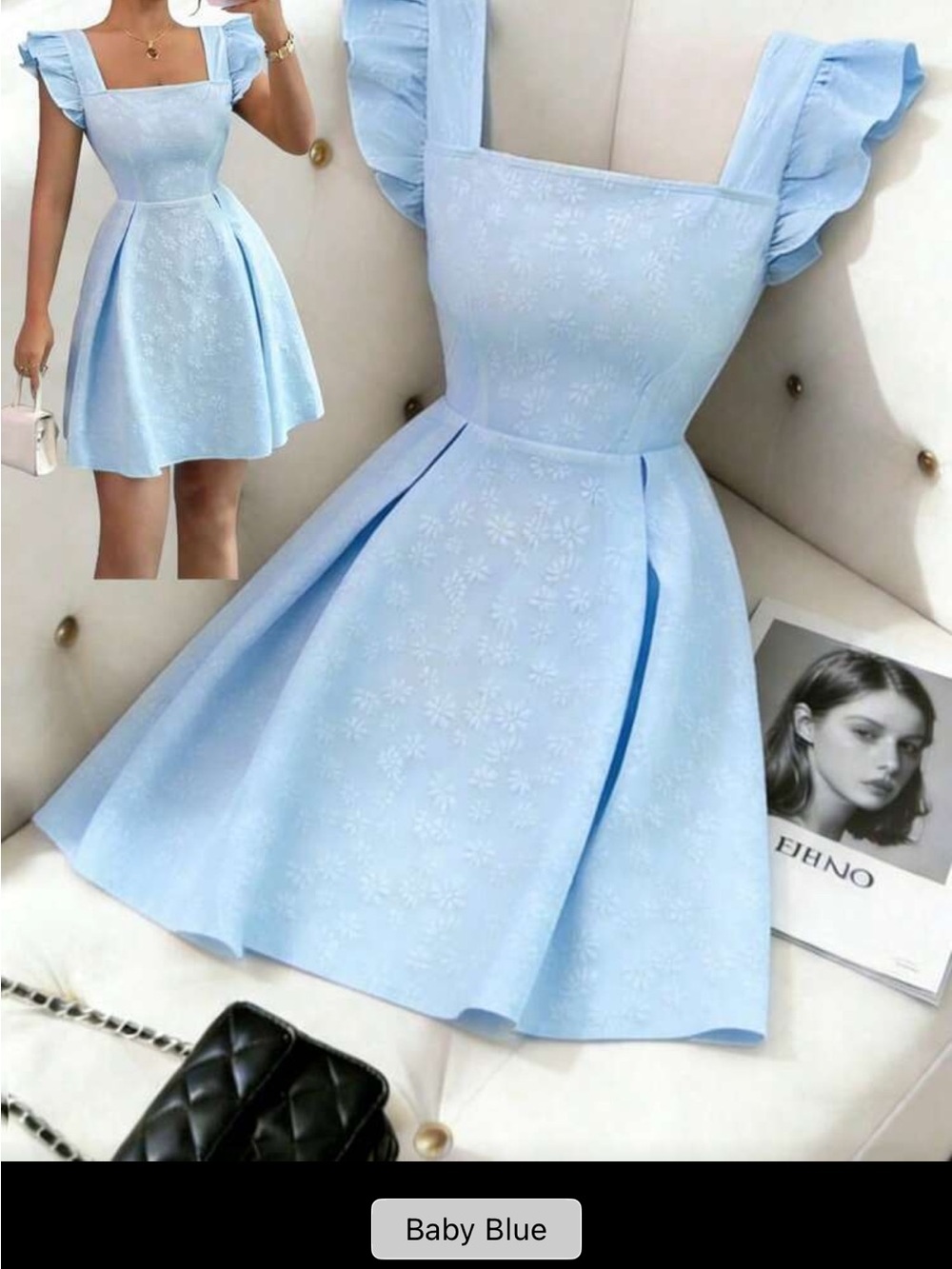 Baby Blue Square-Neck Ruffle Strap Midi Dress by